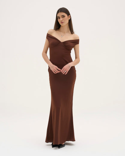 Athena Satin Maxi Dress - Chocolate