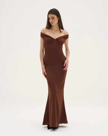 Athena Satin Maxi Dress - Chocolate