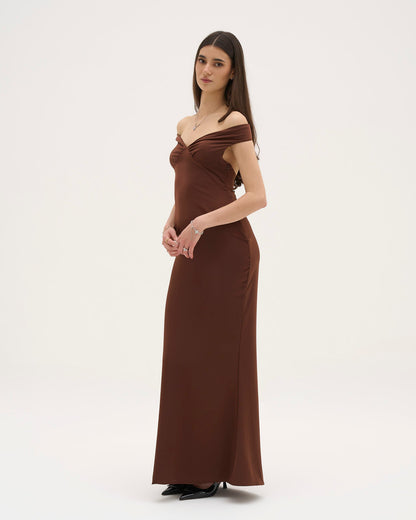 Athena Satin Maxi Dress - Chocolate