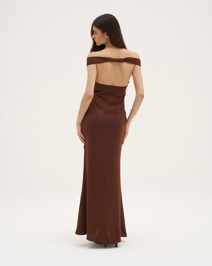 Athena Satin Maxi Dress - Chocolate