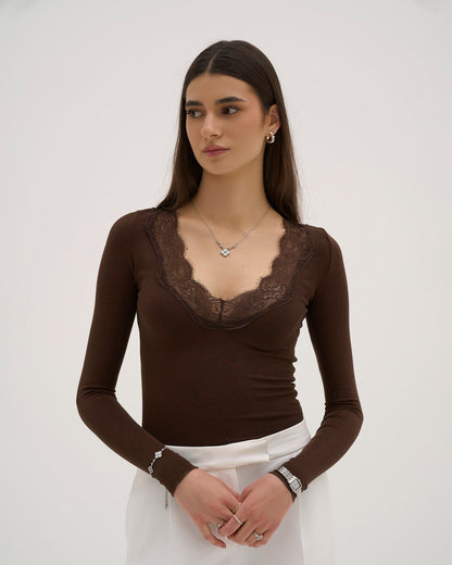 Calina Long Lace Top - Chocolate