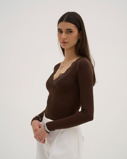 Calina Long Lace Top - Chocolate