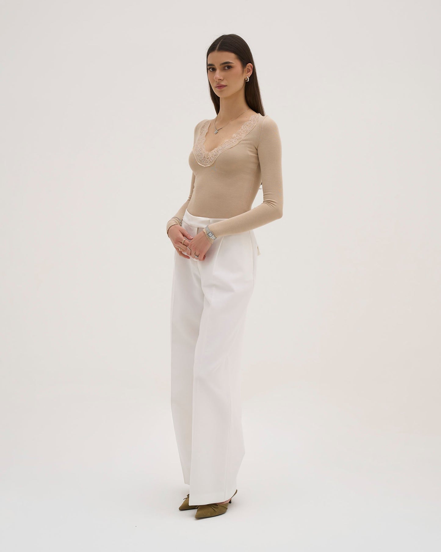 Calina Long Lace Top - Beige